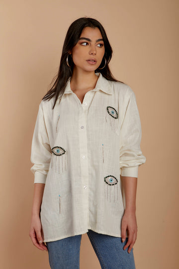 Evil Eye & Rhinestones Fringes Linen shirt