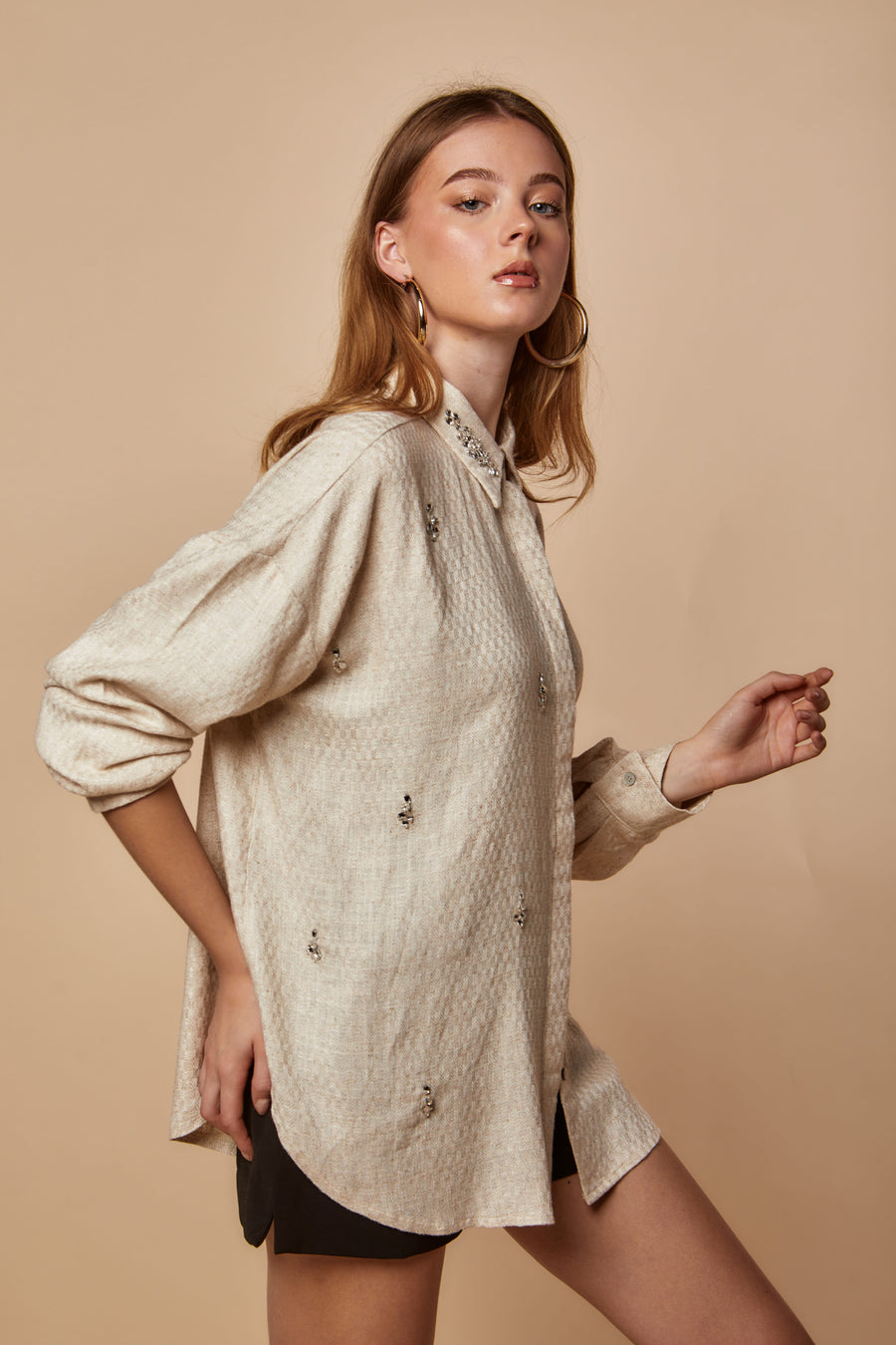 Wool Blended Beige over-shirt with Rhinestones