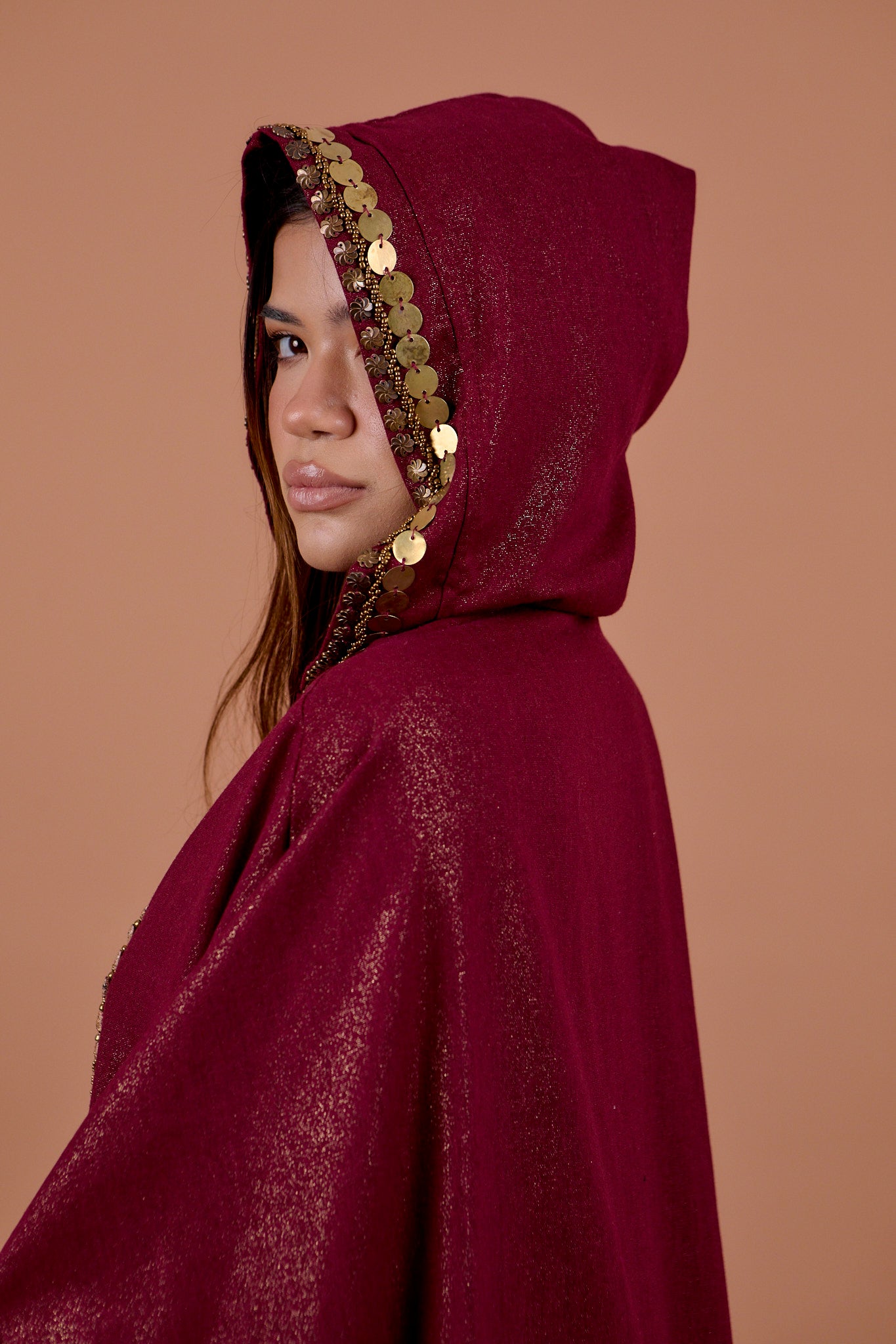 Burgundy handwork Hoodie Cape