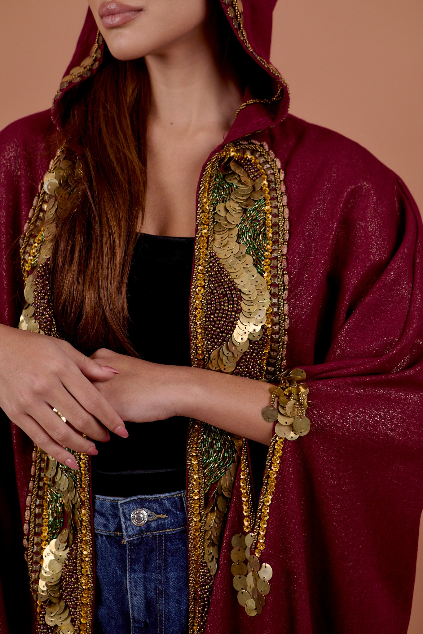 Burgundy handwork Hoodie Cape