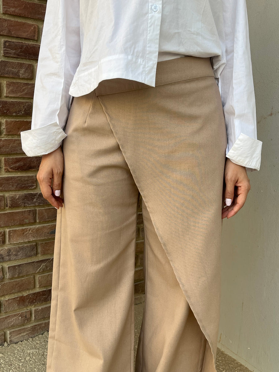 Dark Beige Wrap Linen Pants