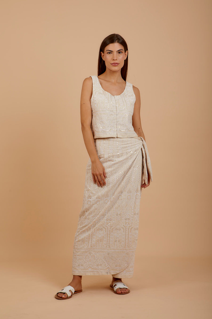 Beige Embro Wrap Long skirt