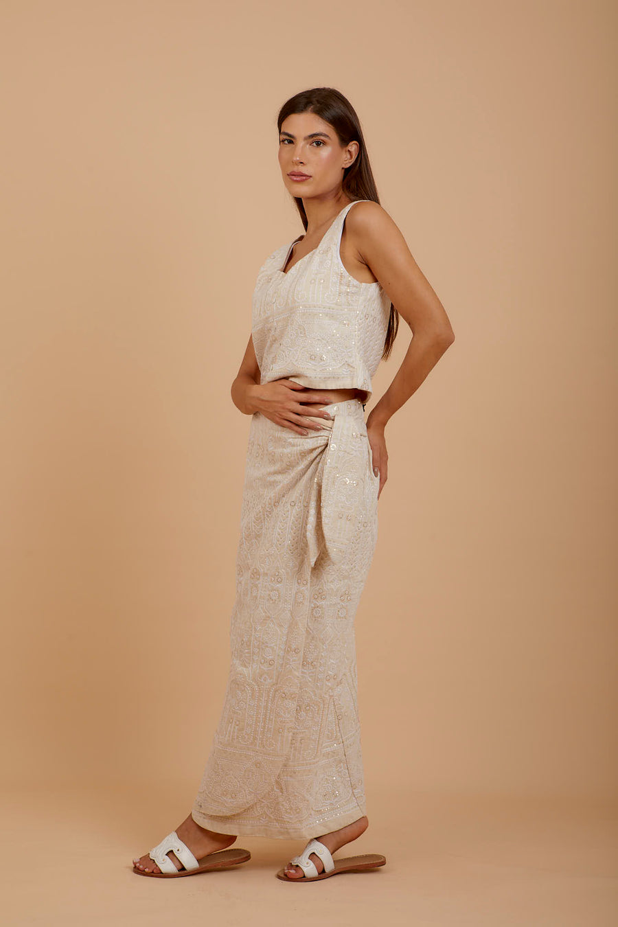 Beige Embro Wrap Long skirt