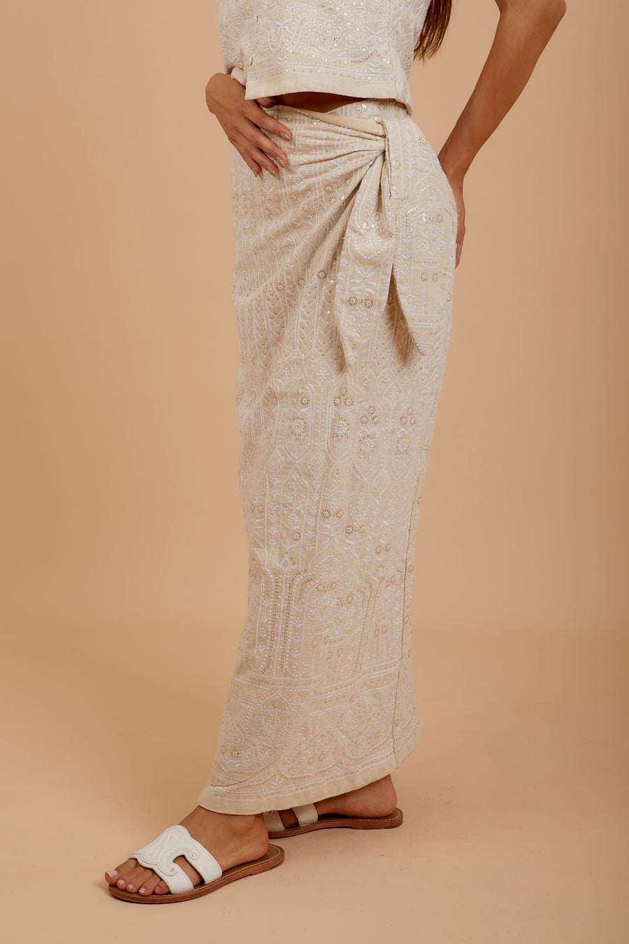 Beige Embro Wrap Long skirt