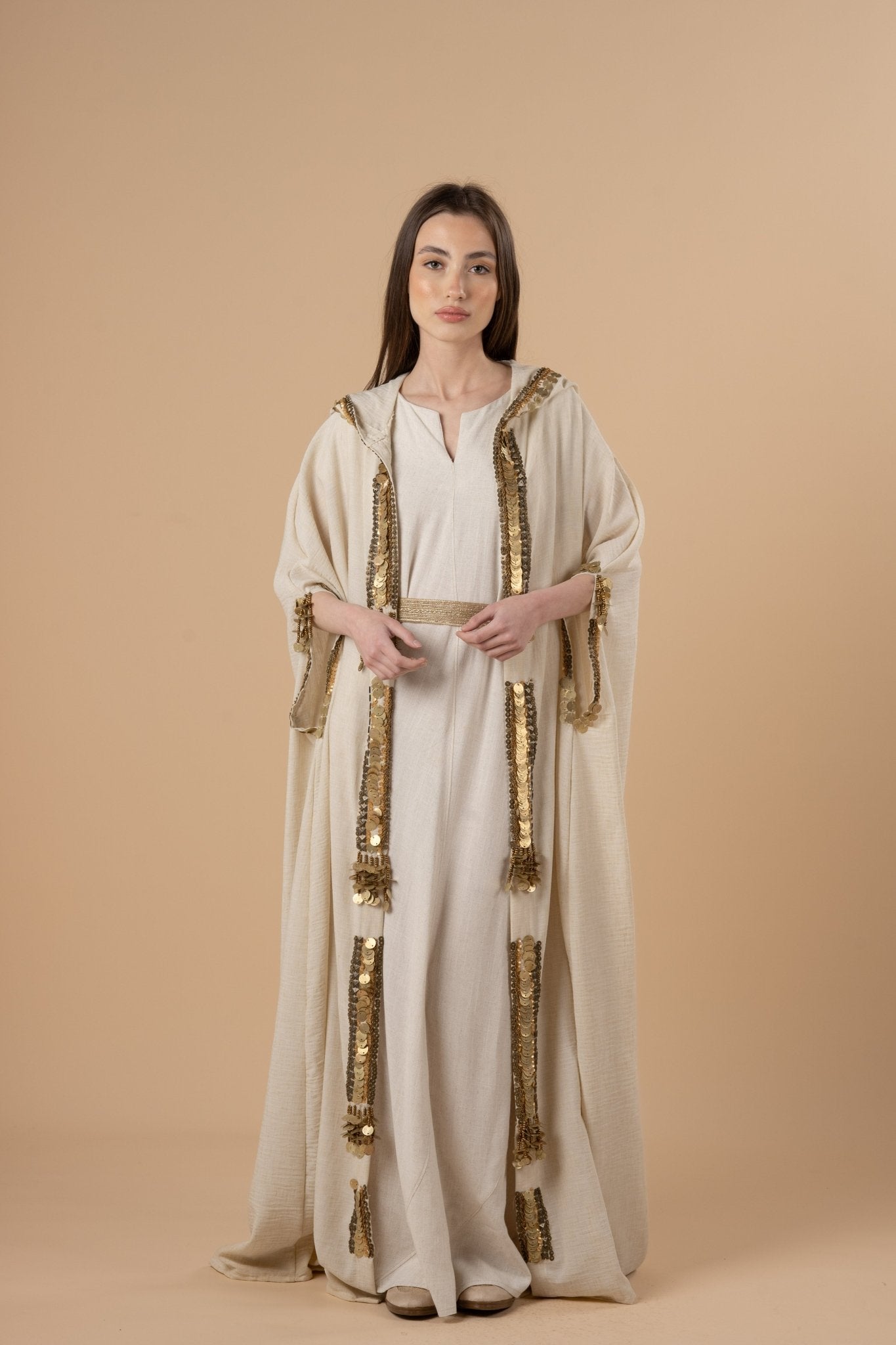 Beige HM embelishments Hoodie Cape - nahlaelalfydesigns