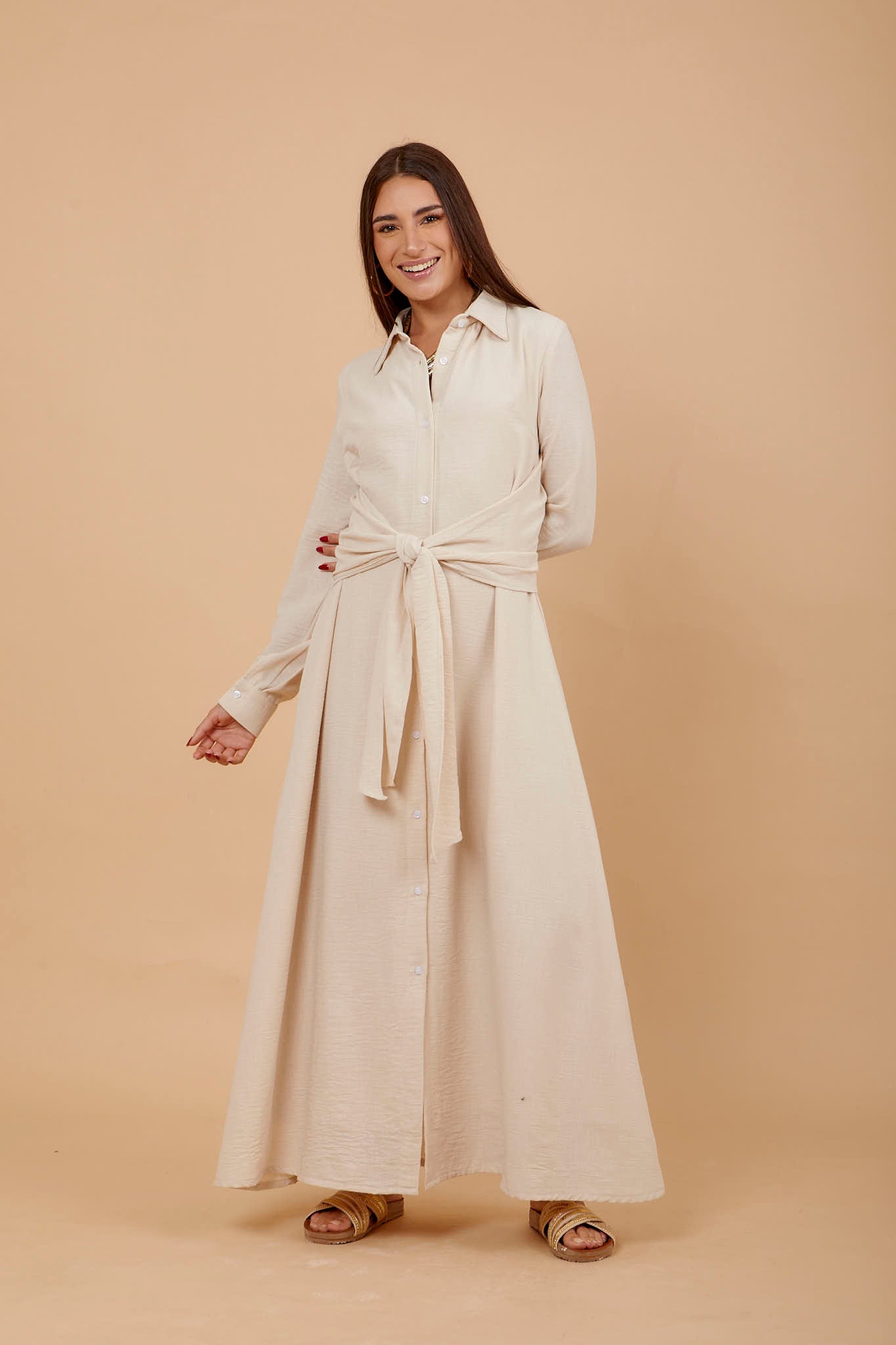 Beige Linen tye around shirt dress - nahlaelalfydesigns