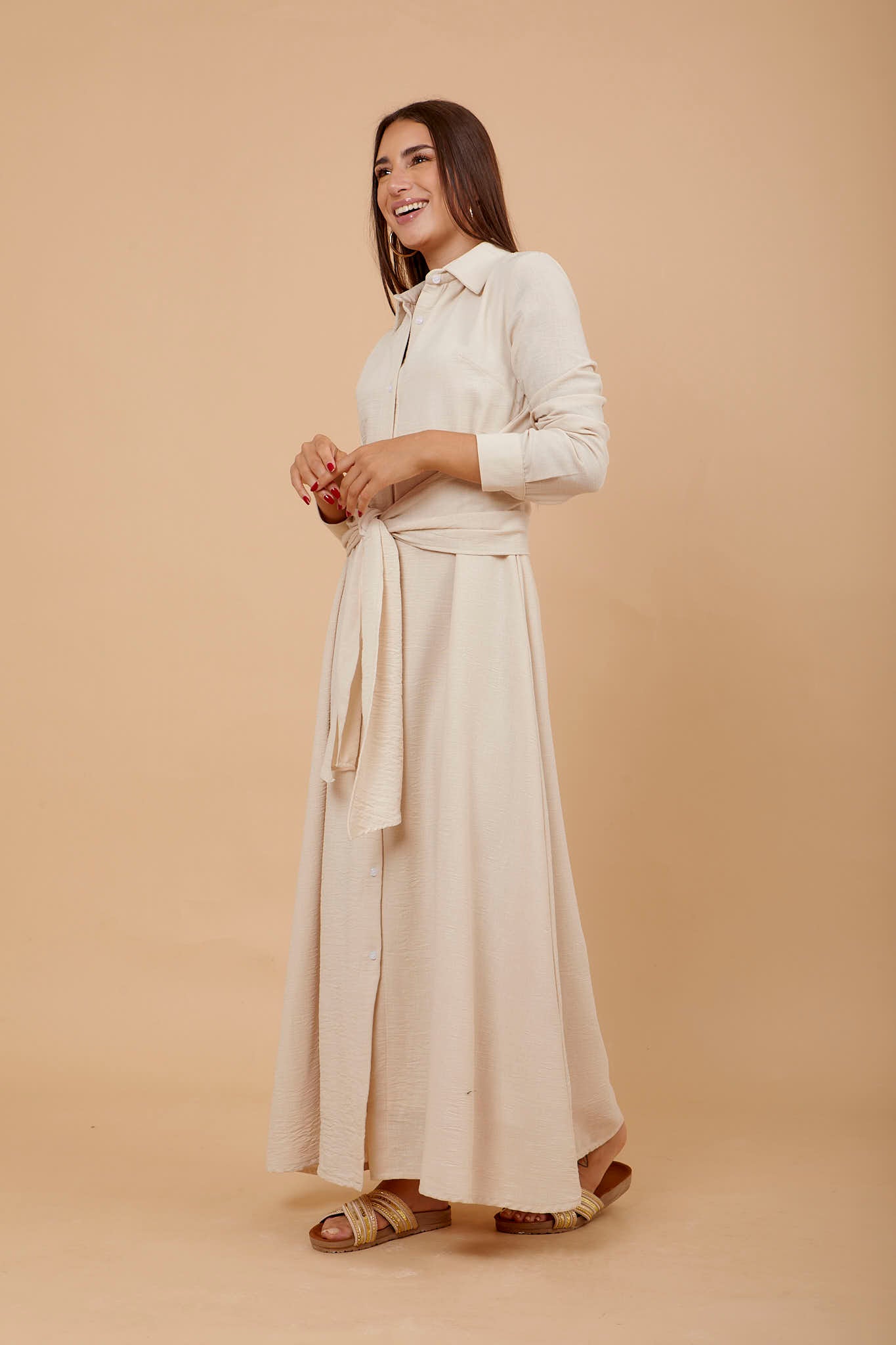 Beige Linen tye around shirt dress - nahlaelalfydesigns