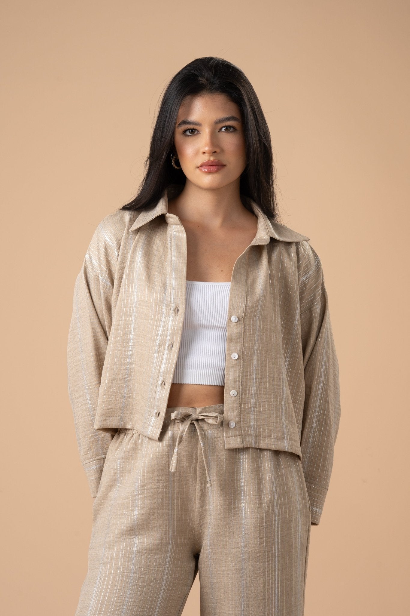 Beige metallic stripes shirt - nahlaelalfydesigns