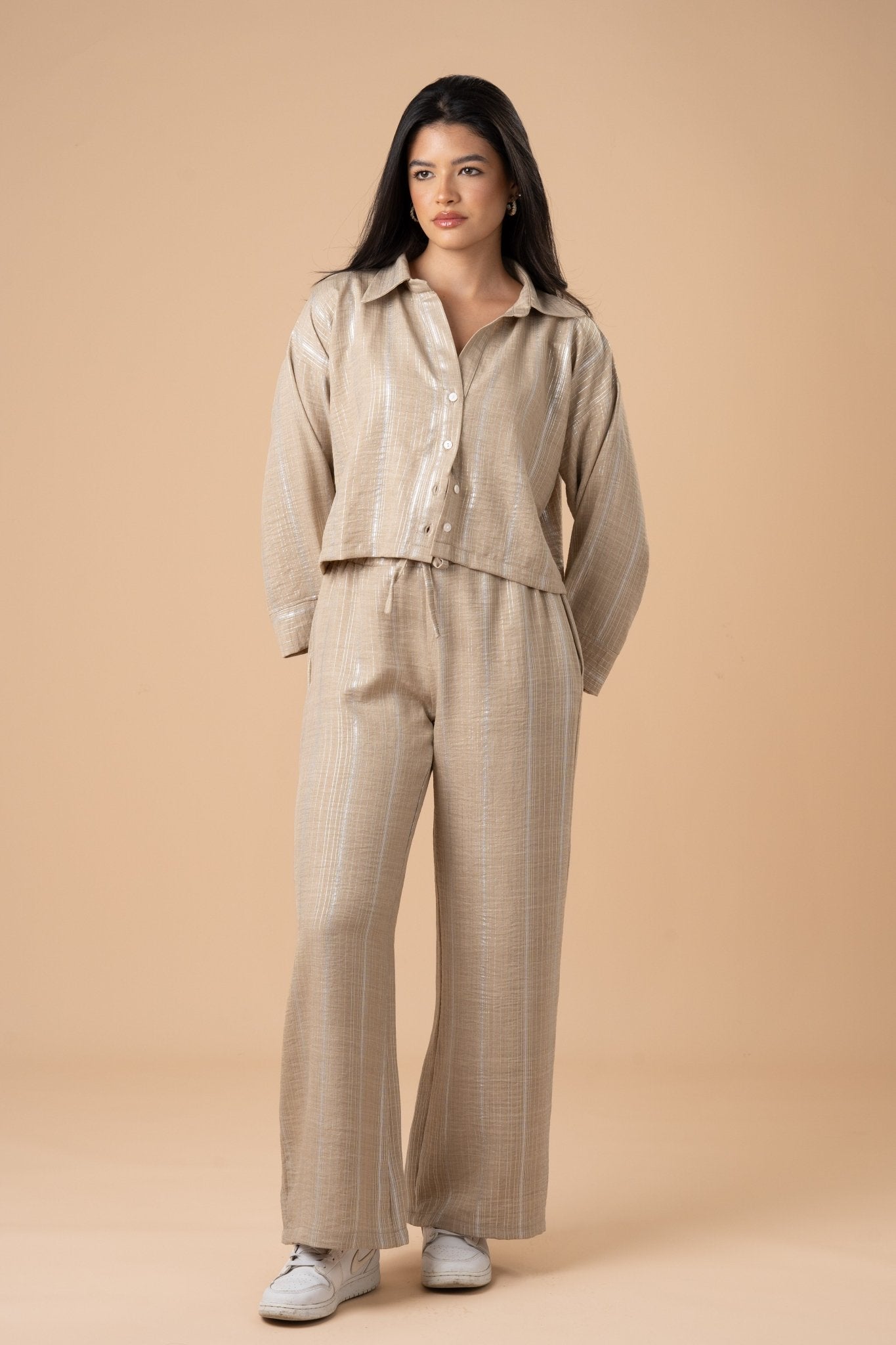 Beige metallic stripes shirt - nahlaelalfydesigns