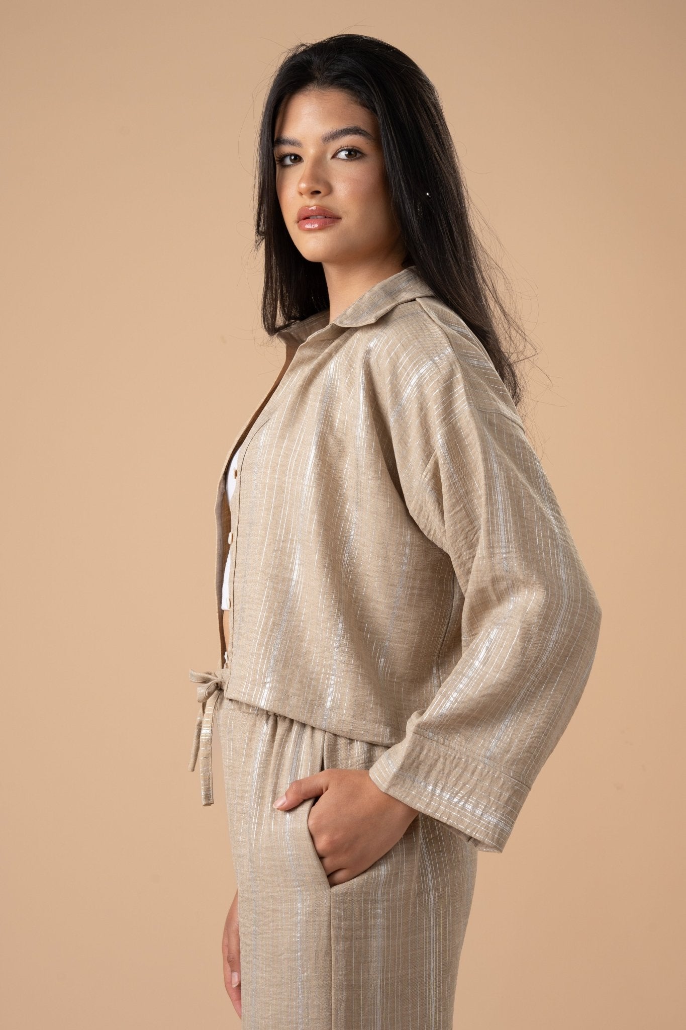 Beige metallic stripes shirt - nahlaelalfydesigns