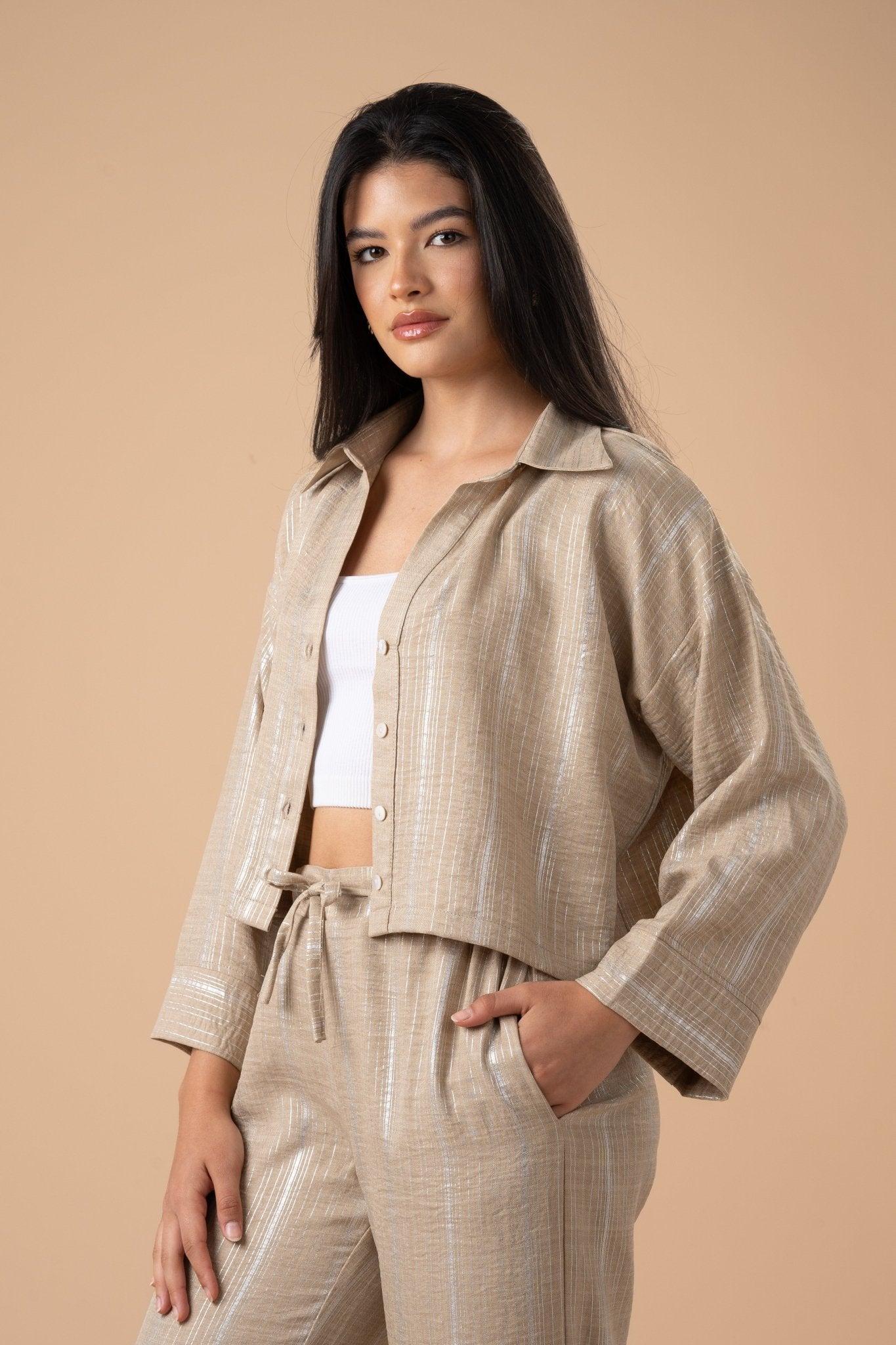 Beige metallic stripes shirt - nahlaelalfydesigns