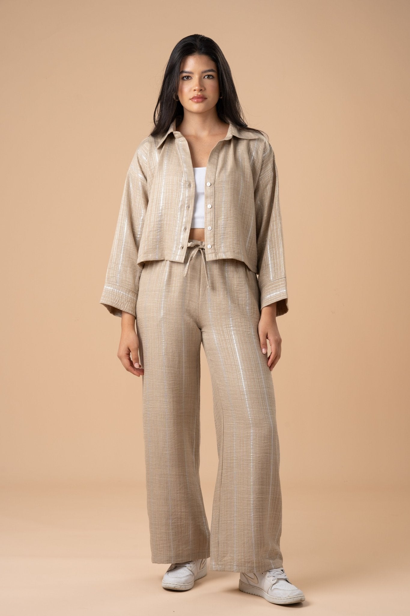 Beige metallic stripes shirt - nahlaelalfydesigns