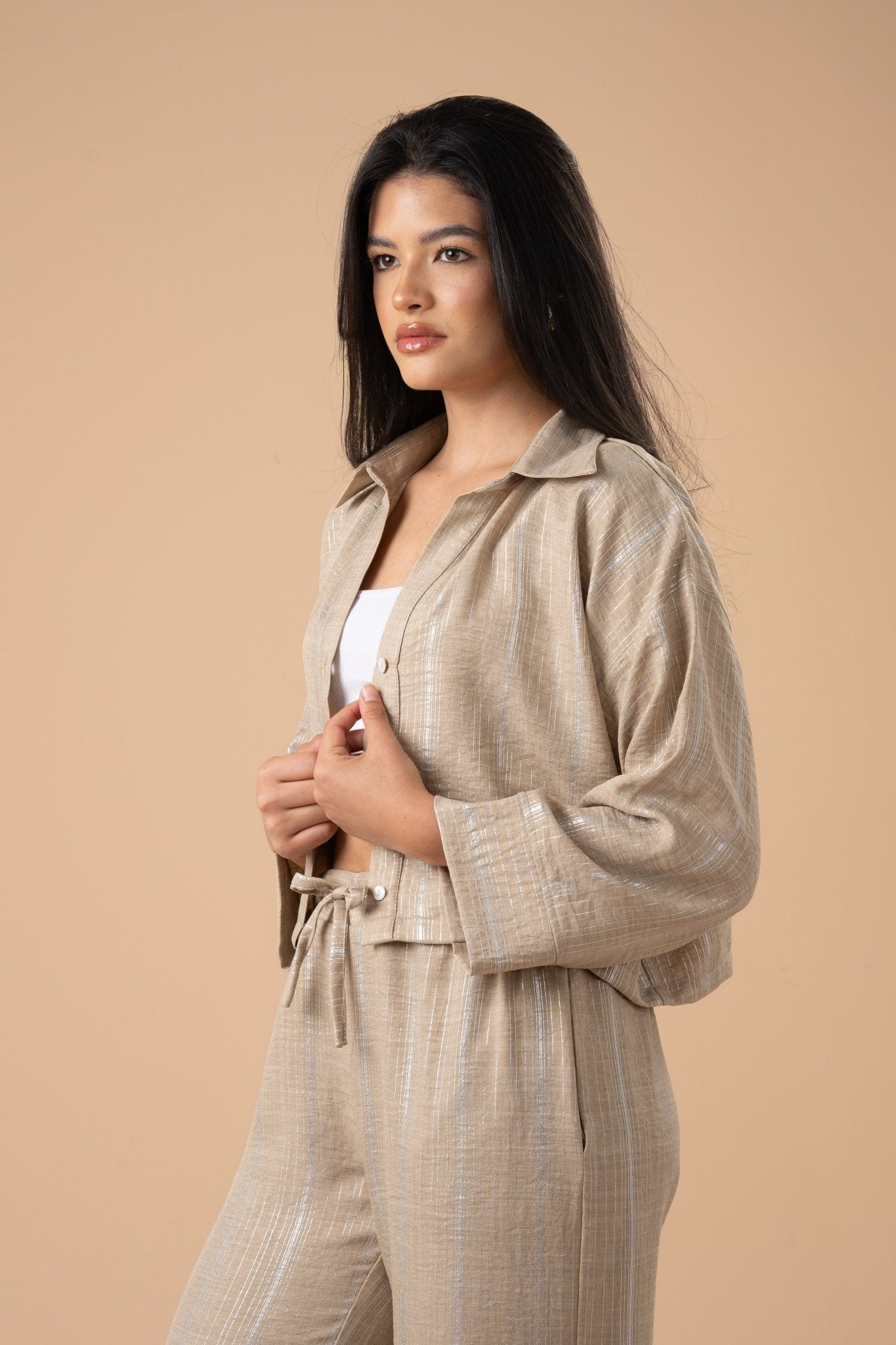 Beige metallic stripes shirt - nahlaelalfydesigns