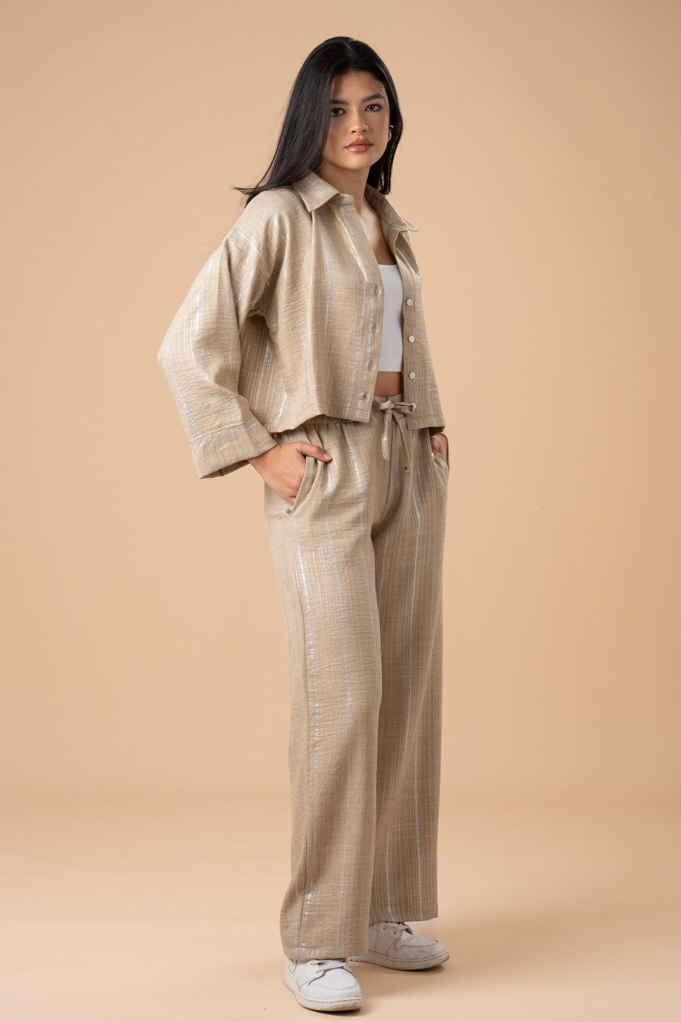 Beige metallic stripes shirt - nahlaelalfydesigns