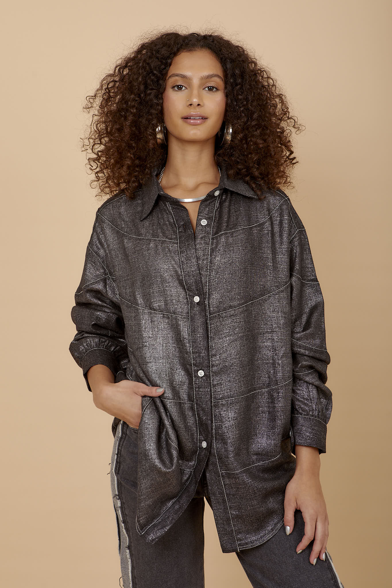Black silver Linen waves shirt - nahlaelalfydesigns
