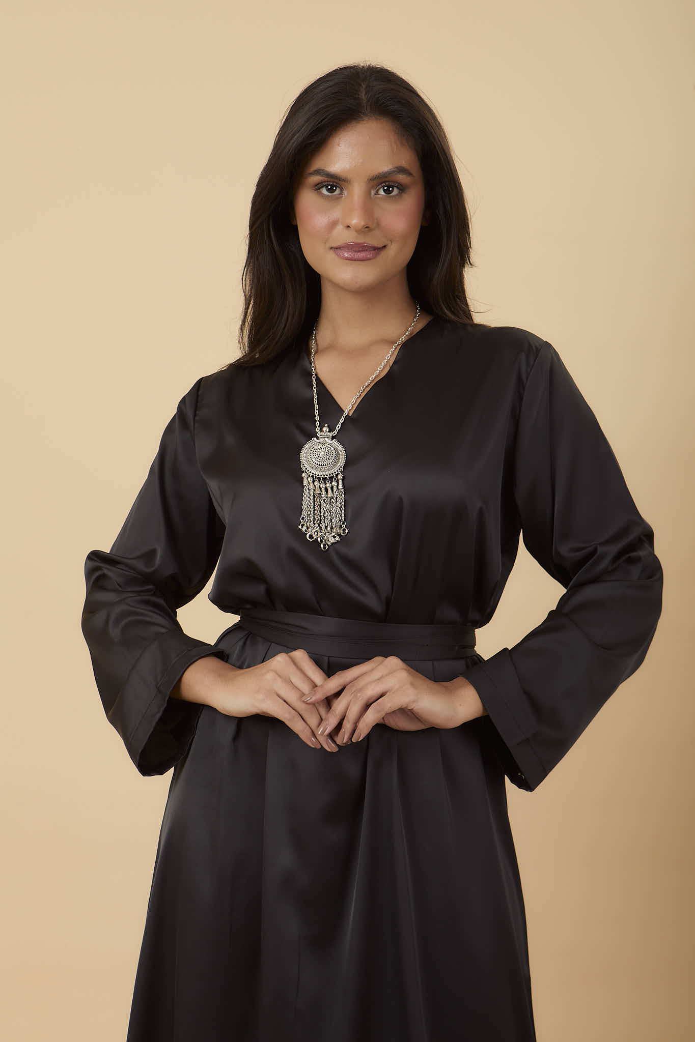 Black V - neck satin Dress - nahlaelalfydesigns