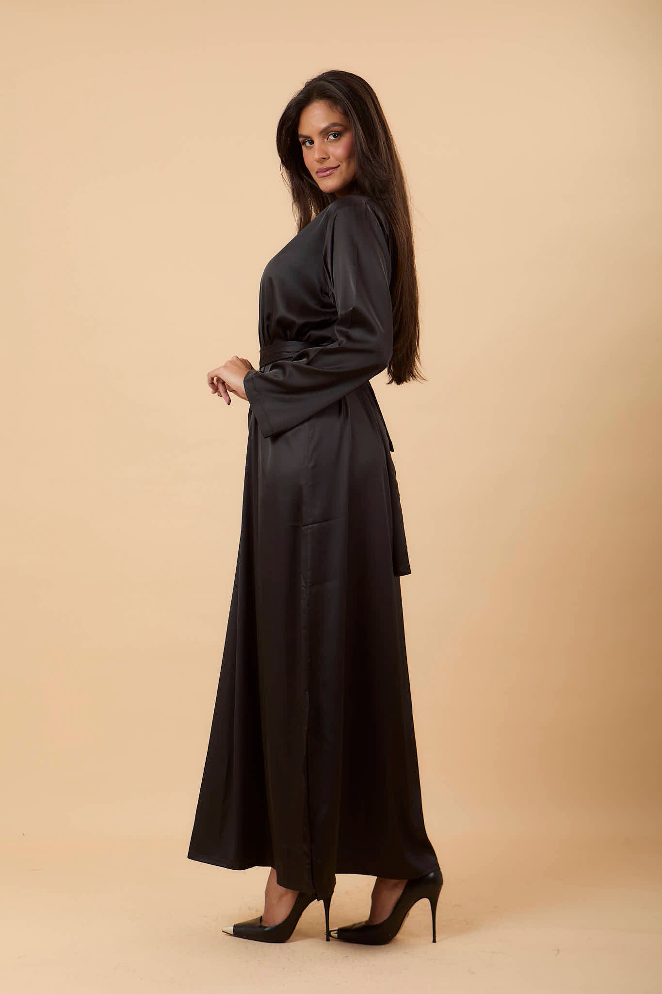 Black V - neck satin Dress - nahlaelalfydesigns