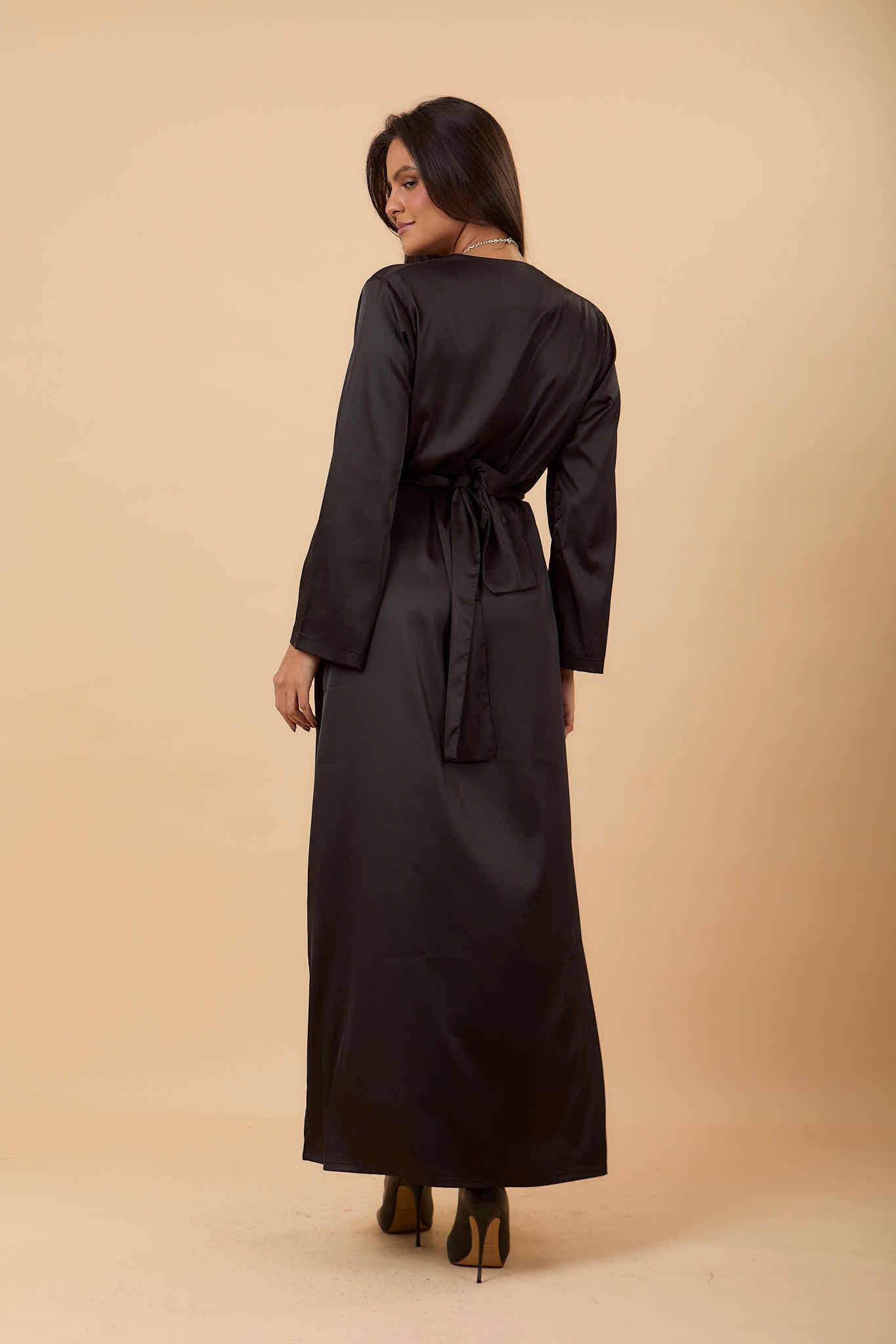 Black V - neck satin Dress - nahlaelalfydesigns