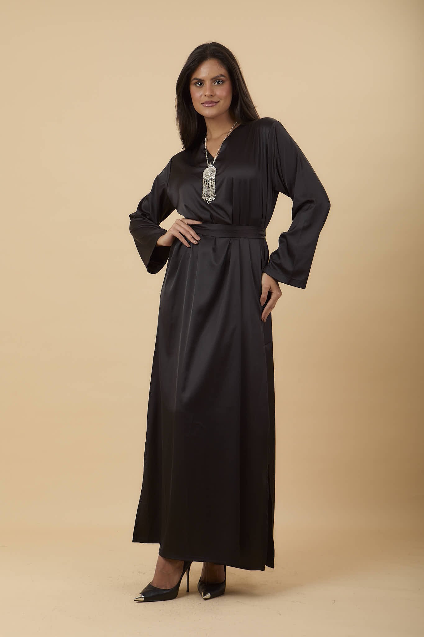 Black V - neck satin Dress - nahlaelalfydesigns
