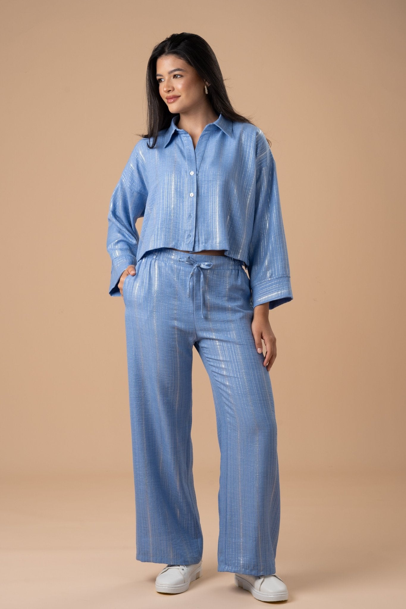 Blue metallic stripes shirt - nahlaelalfydesigns