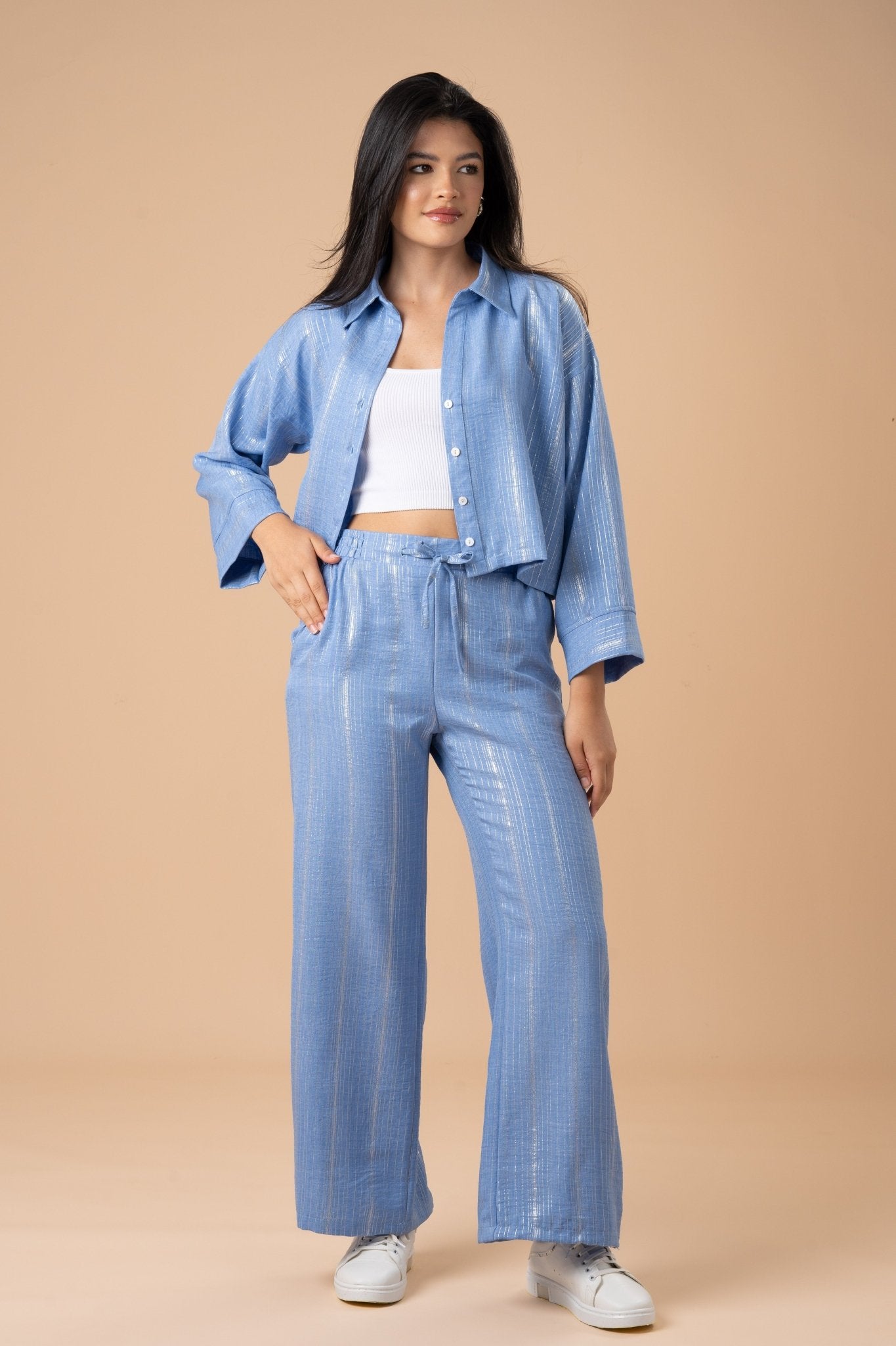 Blue metallic stripes shirt - nahlaelalfydesigns