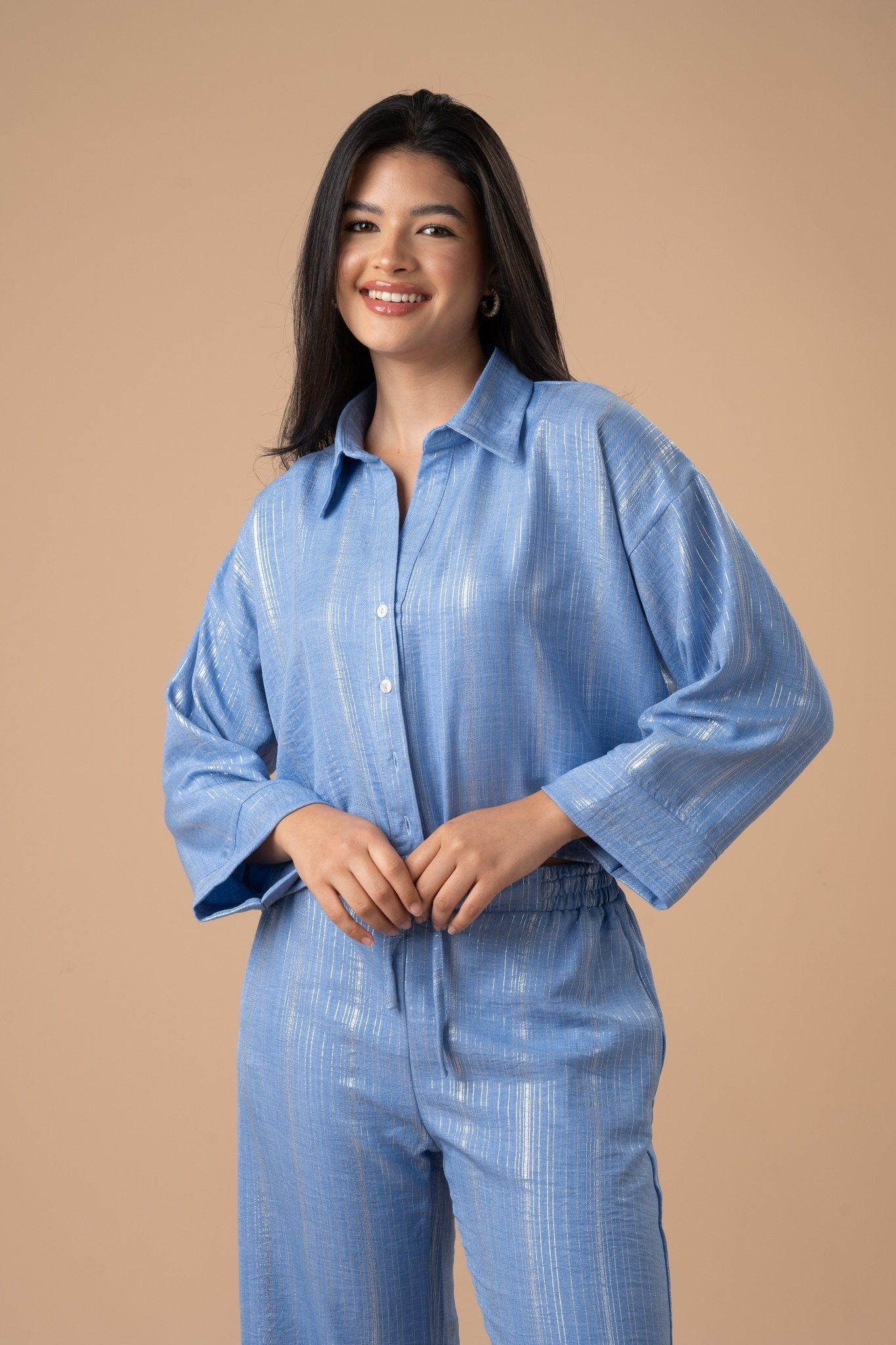 Blue metallic stripes shirt - nahlaelalfydesigns