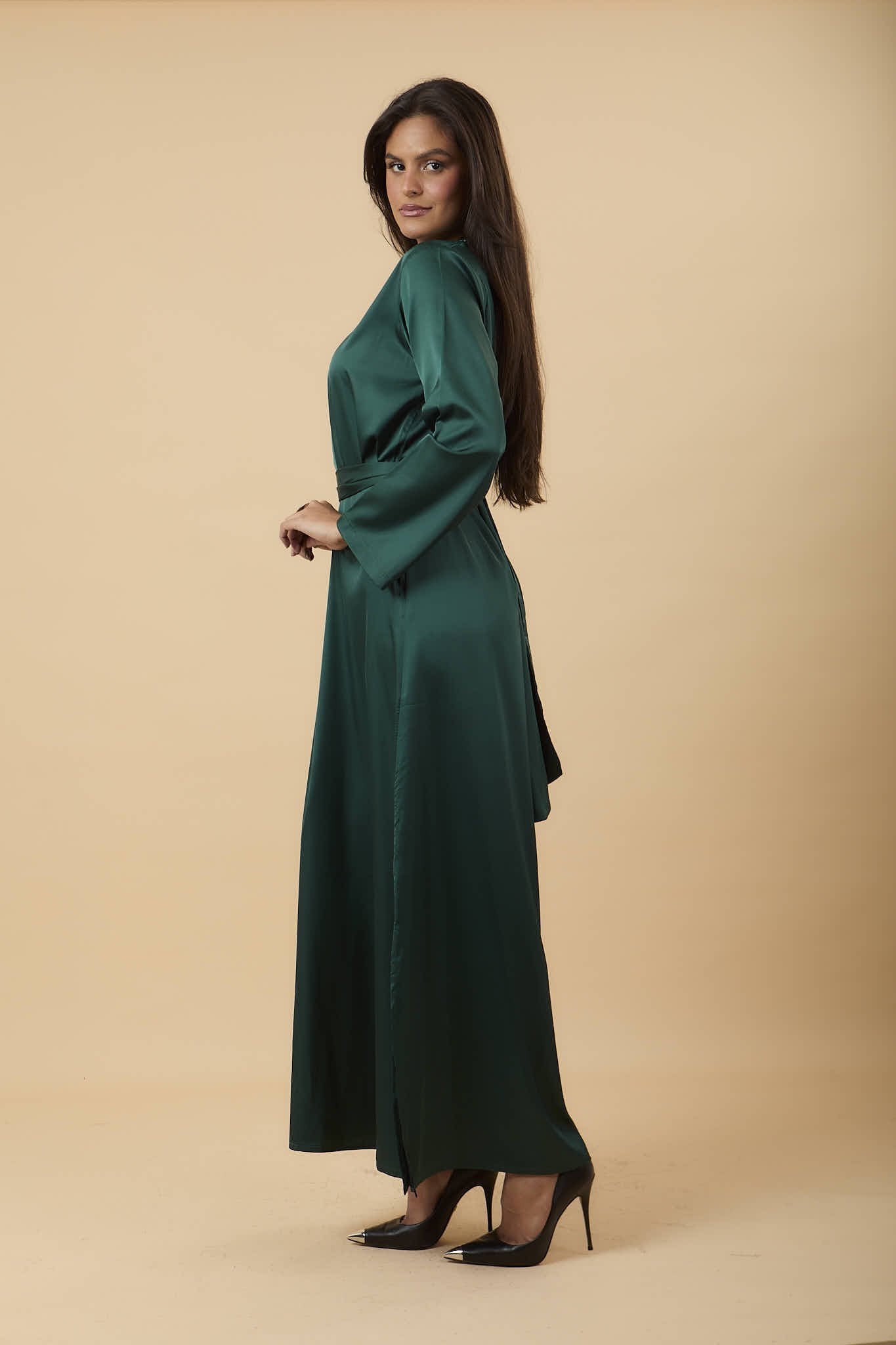 Olive V - neck satin Dress - nahlaelalfydesigns