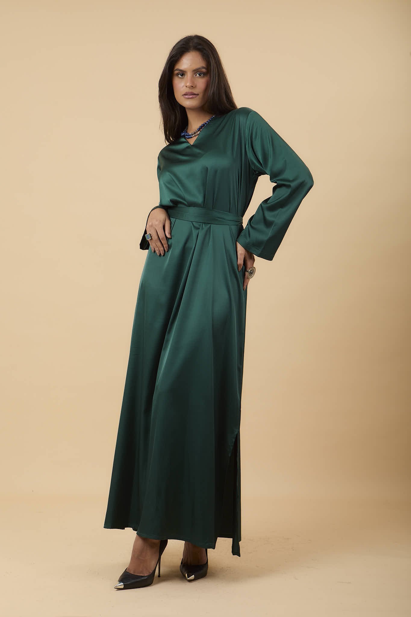 Olive V - neck satin Dress - nahlaelalfydesigns