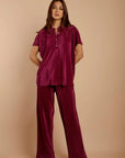 Plum thin pleated satin Pants - nahlaelalfydesigns