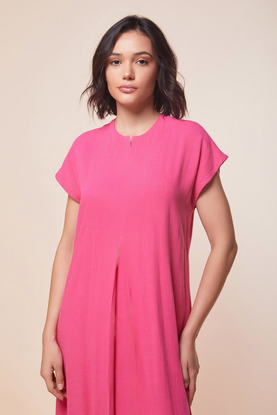 Hot pink Single pleat short sleeve Linen Dress - nahlaelalfydesigns