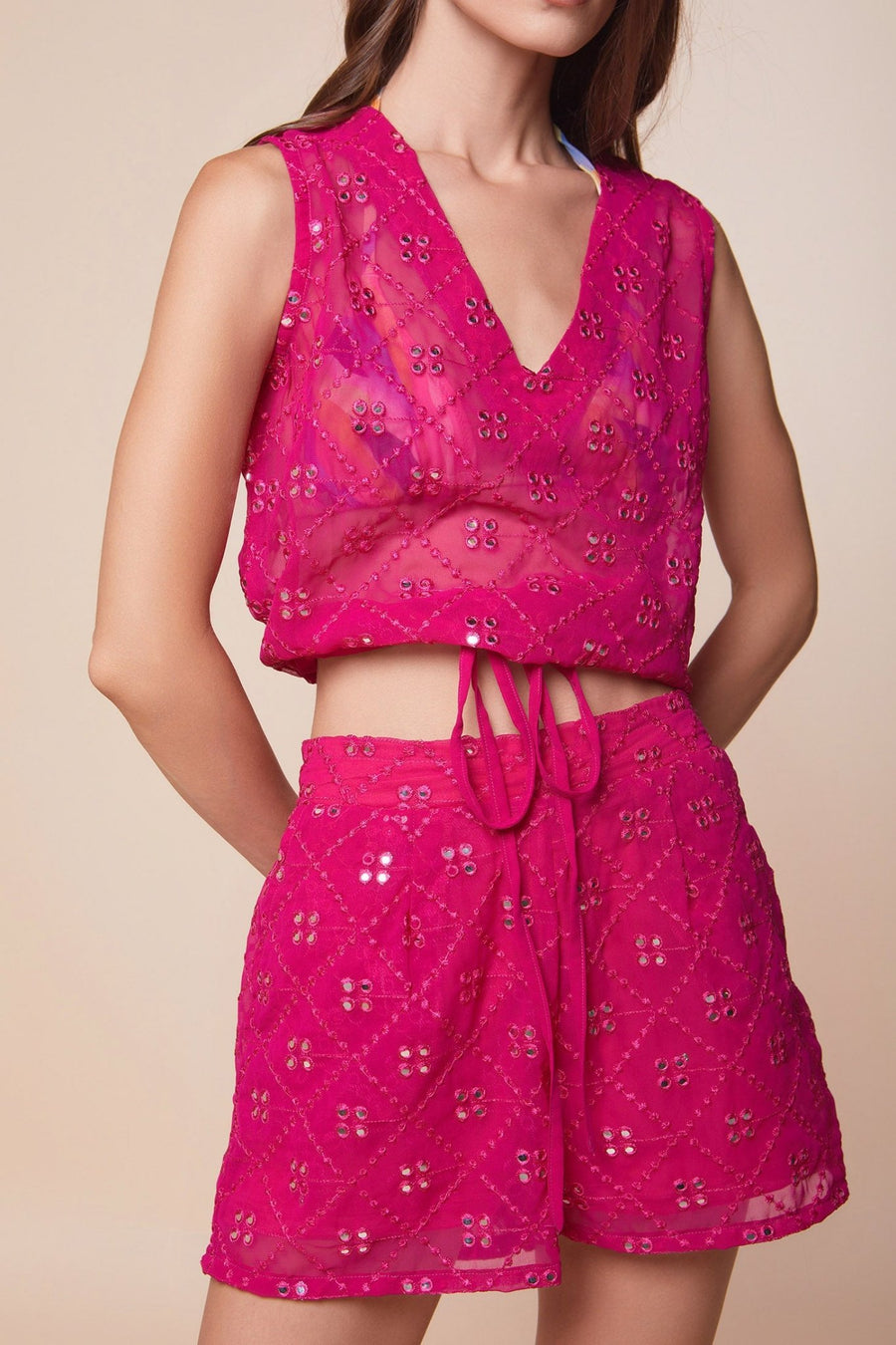 Mirror hot pink Embroidered shorts - nahlaelalfydesigns
