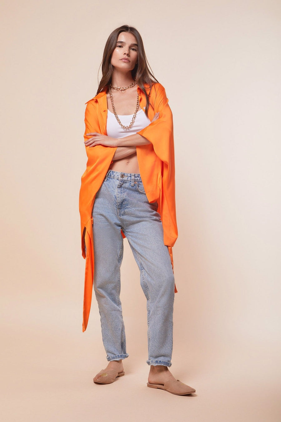 Orange Satin High & Low side knotted shirt - nahlaelalfydesigns
