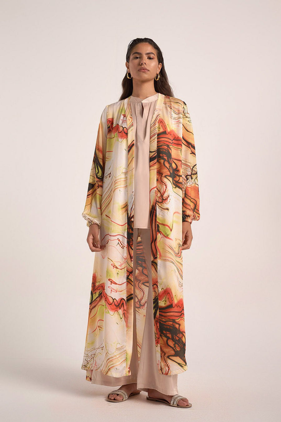 Satin offwhite/orange print kimono - nahlaelalfydesigns