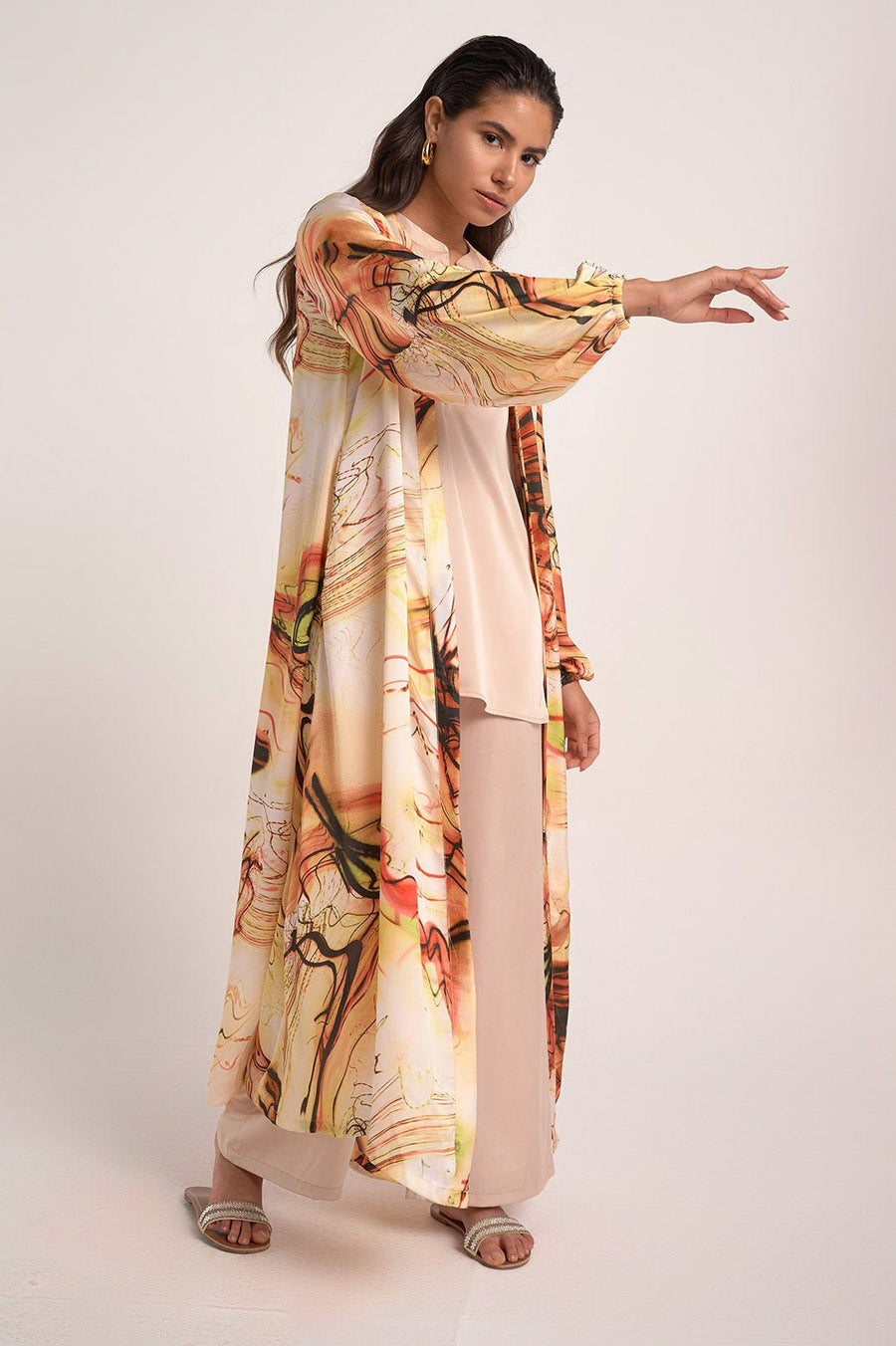 Satin offwhite/orange print kimono - nahlaelalfydesigns